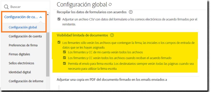 Pestaña Configuración global que resalta los controles de la LDV.