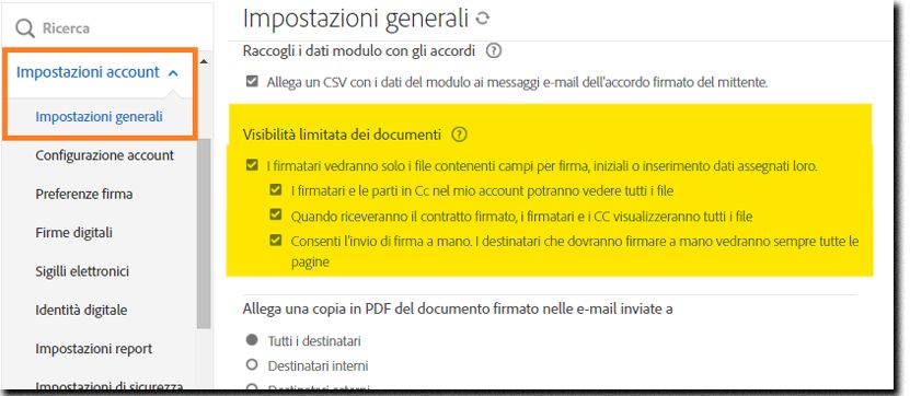 Scheda Impostazioni globali che evidenzia i controlli di Visibilità limitata dei documenti.