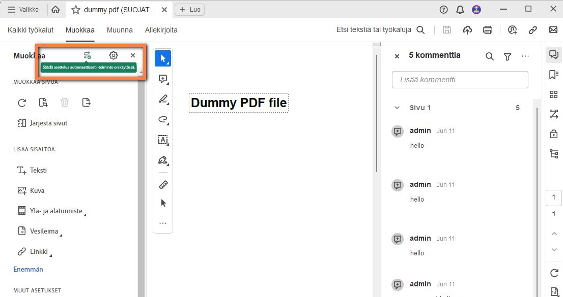 Säädä toimintoa automaattisesti uudessa Acrobatissa