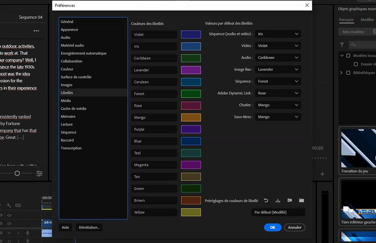 L’interface utilisateur affiche le panneau Préférences des libellés avec différentes couleurs de libellés et différents paramètres par défaut.