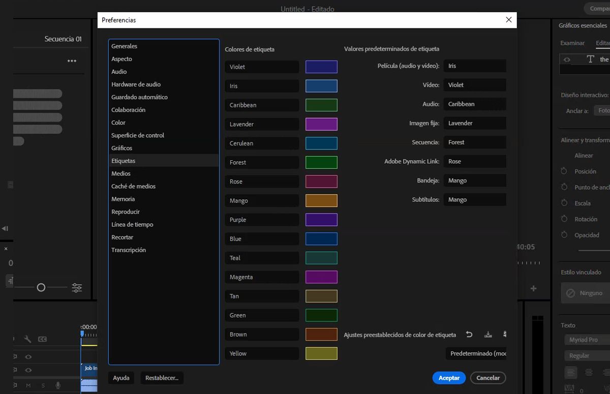 La IU muestra el panel de preferencias de las etiquetas con diferentes colores y valores predeterminados.