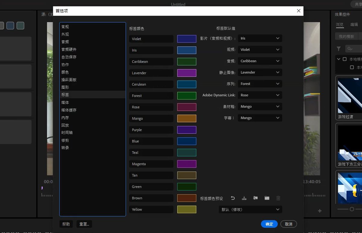 显示具有不同标签颜色和标签默认值的标签首选项面板的 UI。