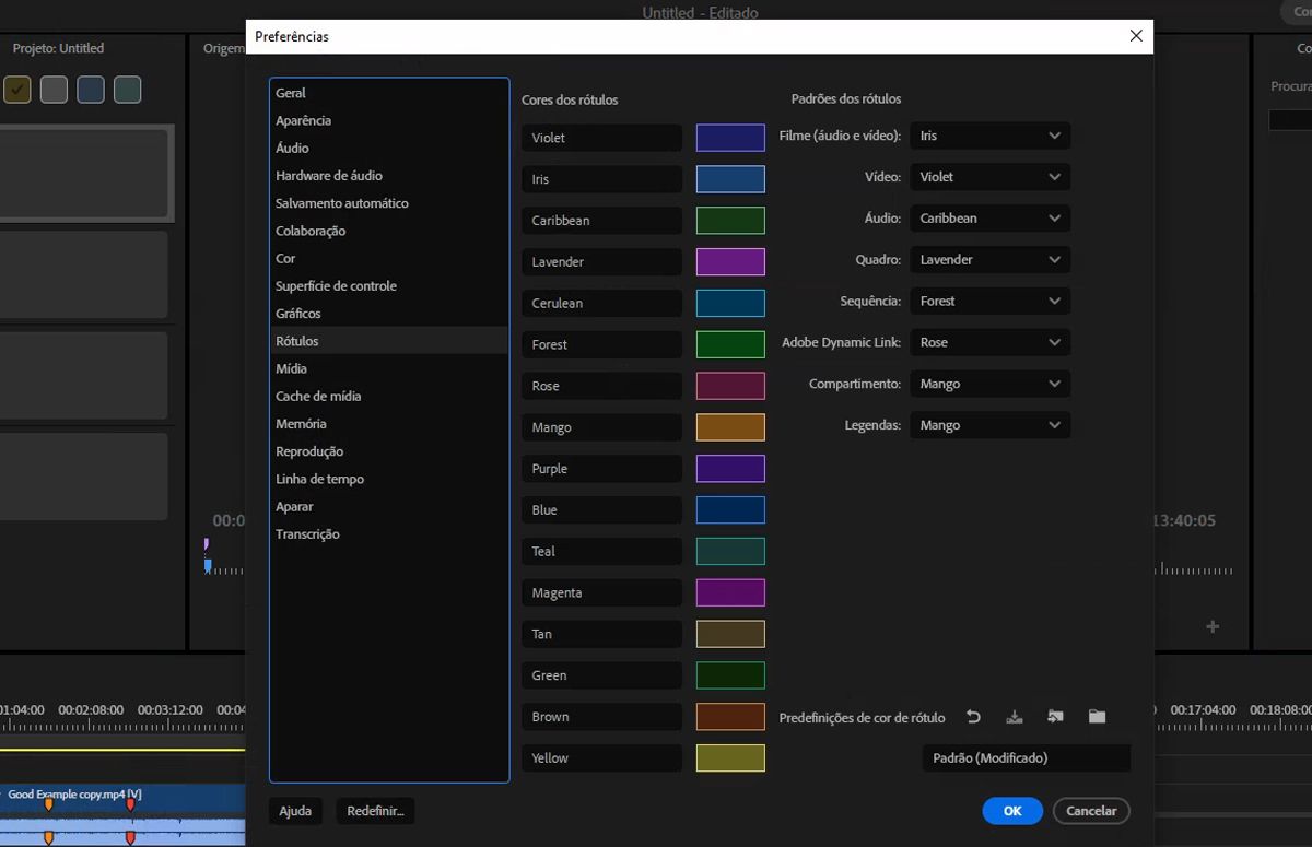 A interface mostra o painel Preferências de rótulos com diferentes cores e padrões de rótulo.