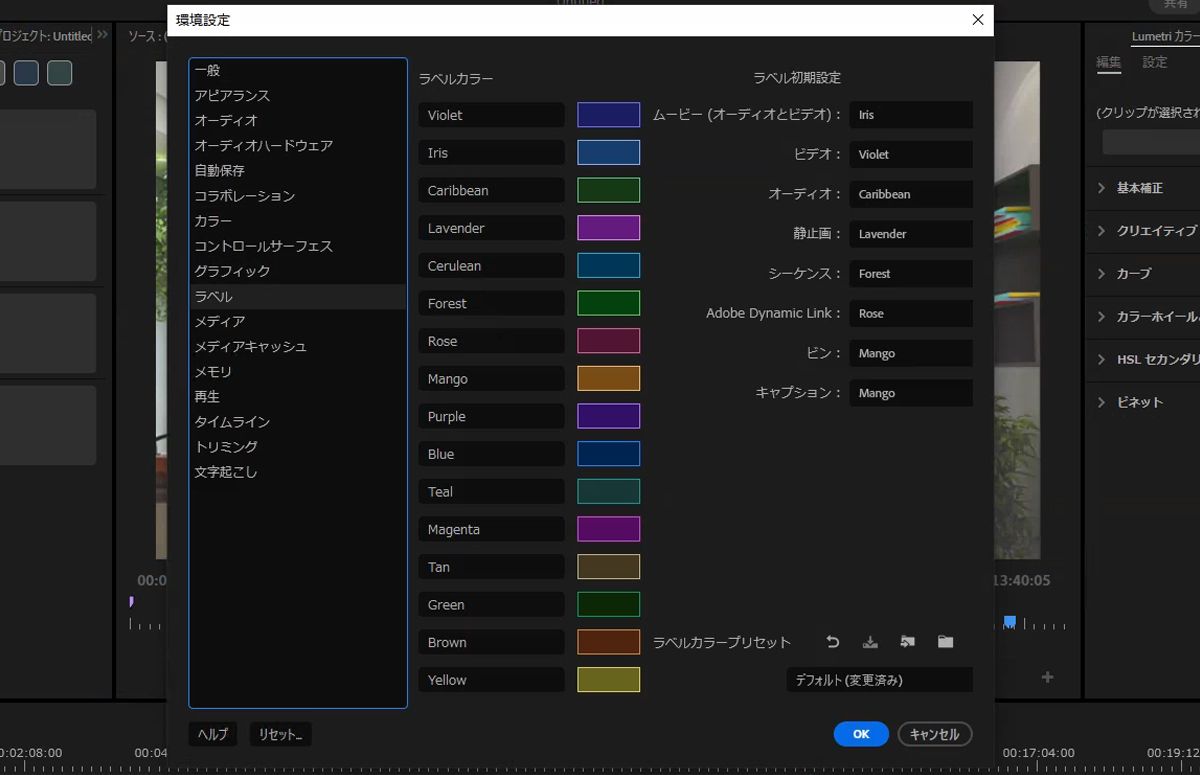 UI には、様々なラベルカラーとラベルデフォルトを含むラベル環境設定パネルが表示されます。