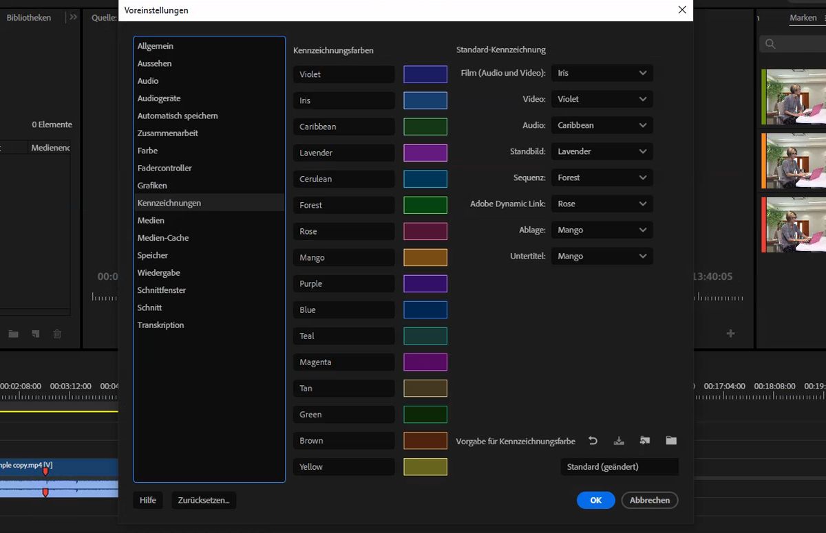 Die Benutzeroberfläche zeigt das Voreinstellungsfeld für Kennzeichnungen mit verschiedenen Farben und Standardeinstellungen.
