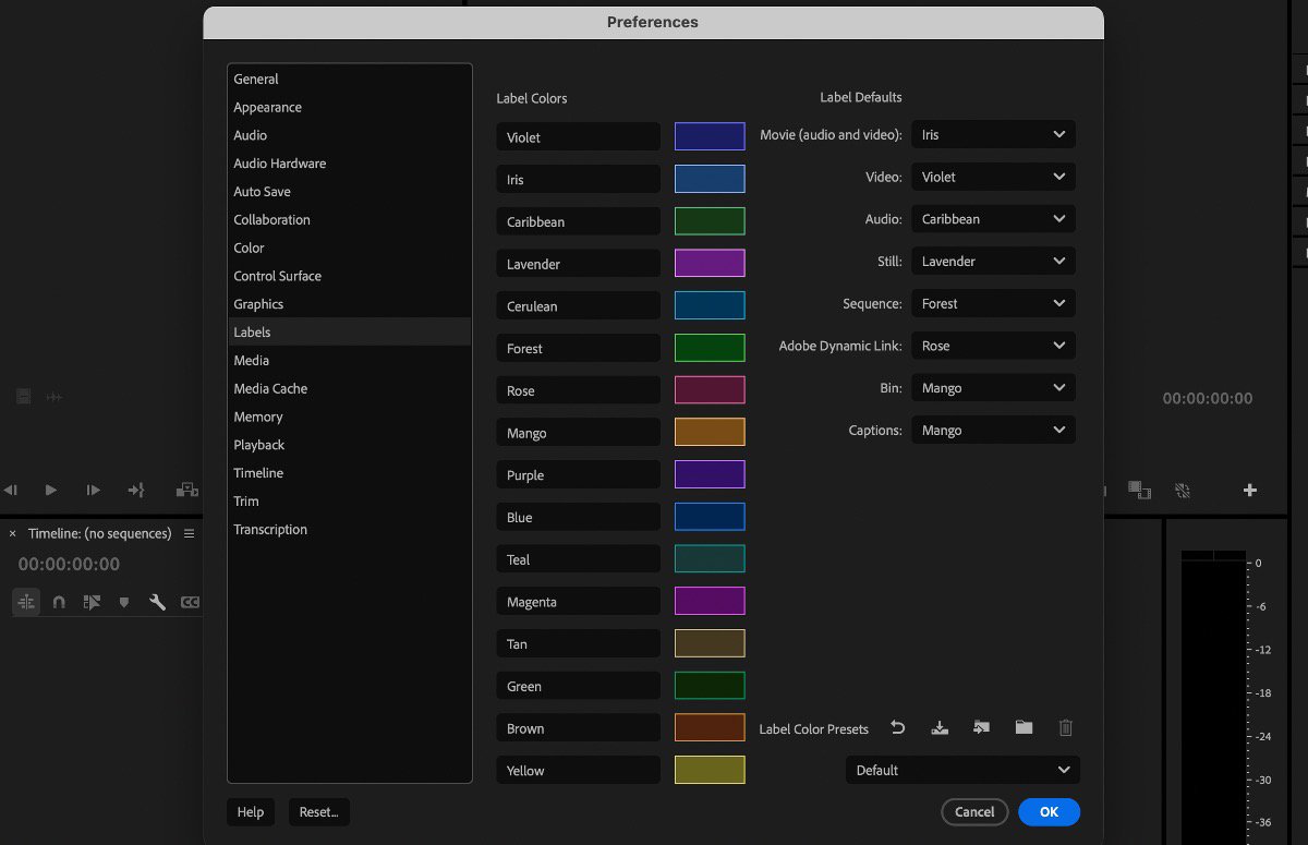UI shows the Labels preferences panel with different lable colors and lable defaults.