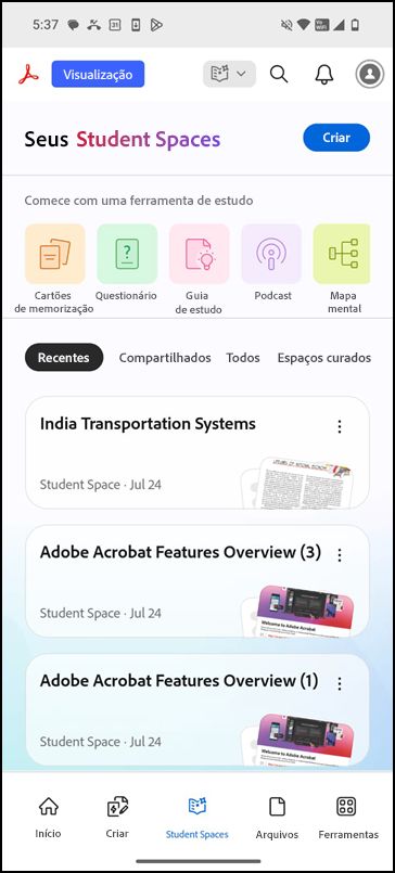 Página inicial dos Student Spaces com a opção Criar e ferramentas de estudo disponíveis.