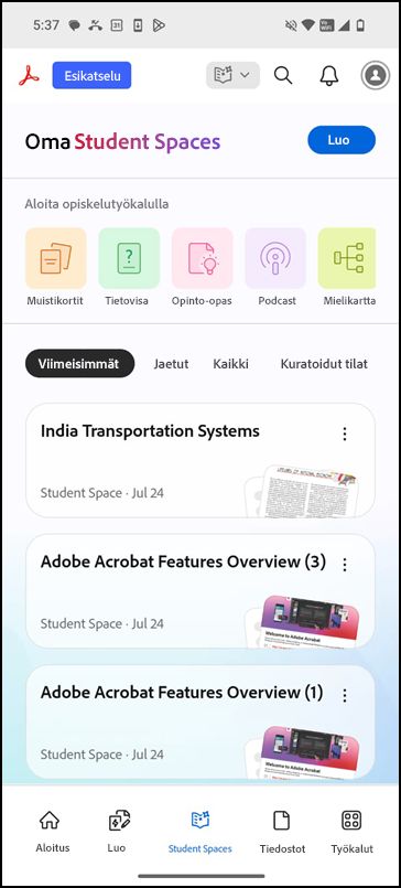Student Spaces -aloitussivu, jossa on Luo-vaihtoehto ja käytettävissä olevat opiskelutyökalut.