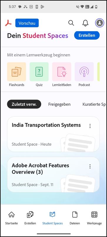 Startseite von Student Spaces mit der Option Erstellen und verfügbaren Lerntools.