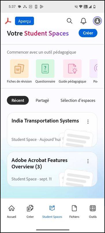 Page de destination Student Spaces avec l’option Créer et les outils pédagogiques disponibles.