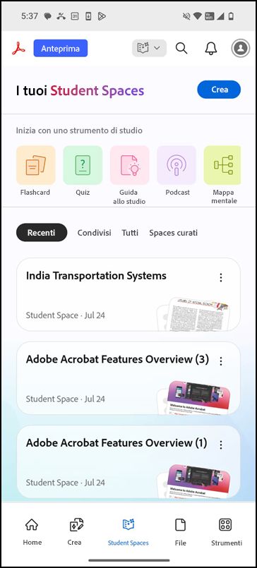 Pagina di destinazione di Student Spaces con l’opzione Crea e gli Strumenti di studio disponibili.