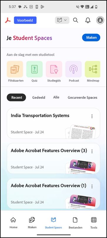 Student Spaces-startpagina met de optie maken en beschikbare studietools.