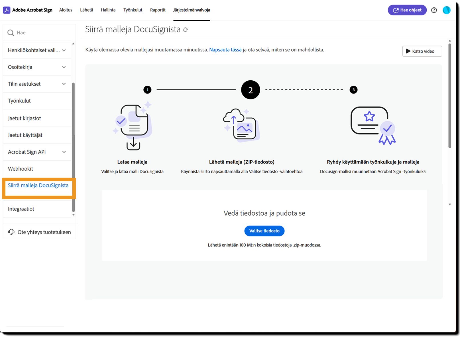 Järjestelmänvalvojan valikko, jossa Viestimallit-vaihtoehto on korostettu