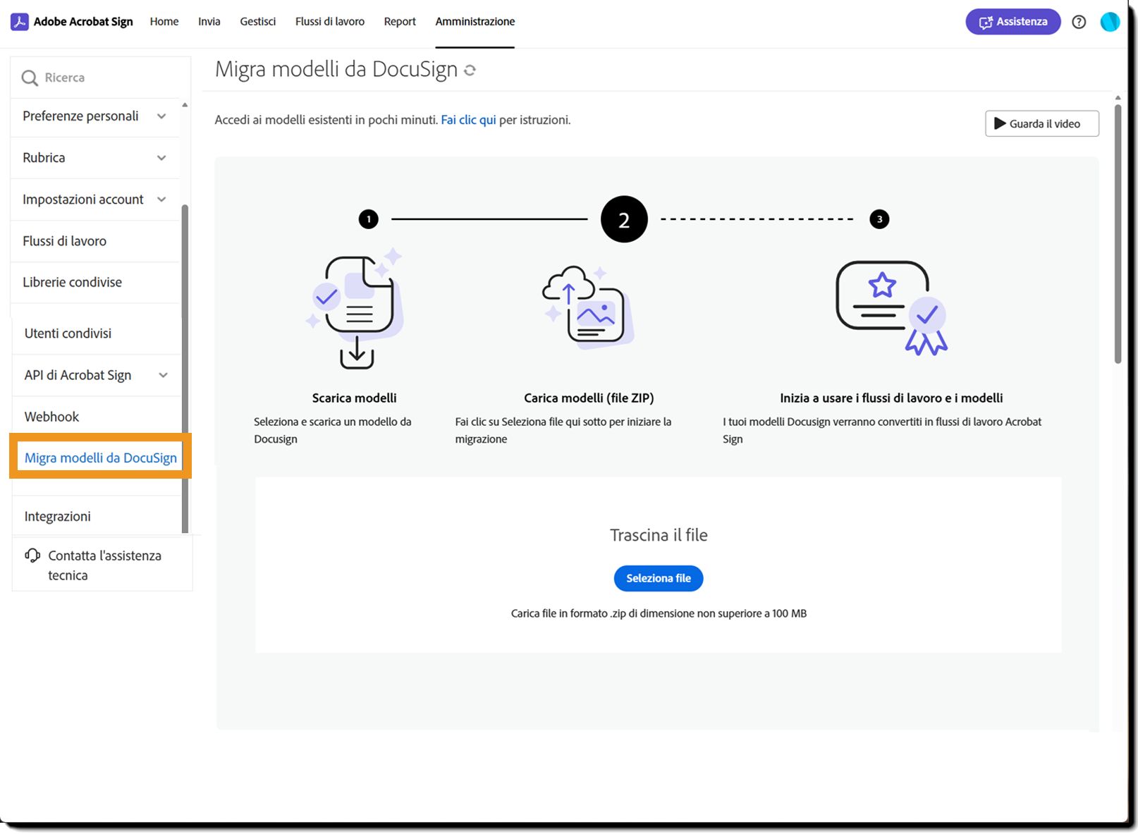 Il menu Amministratore con l'opzione Modelli di messaggio evidenziata