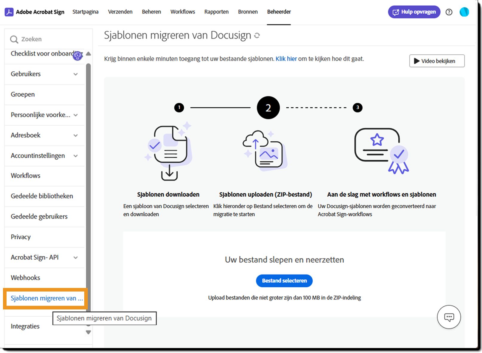 Het beheerdersmenu met de optie Berichtsjablonen gemarkeerd