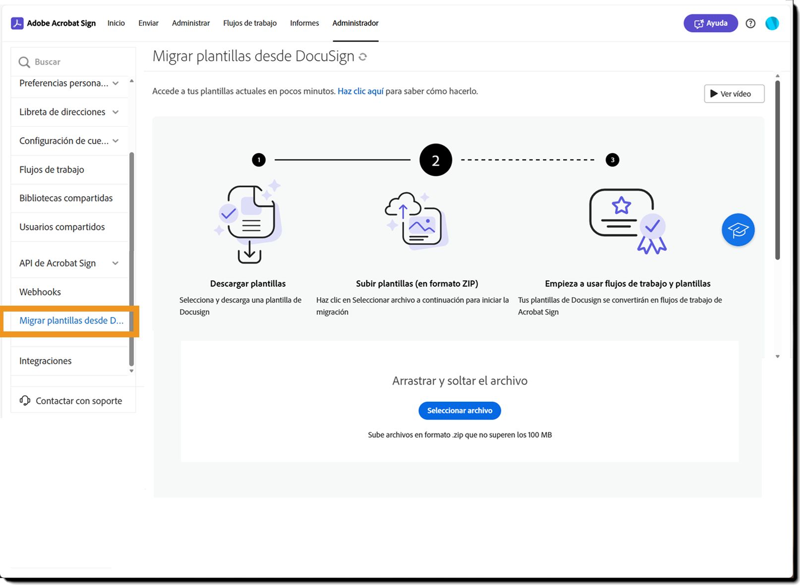 El menú de administración resaltando la opción Plantillas de mensaje