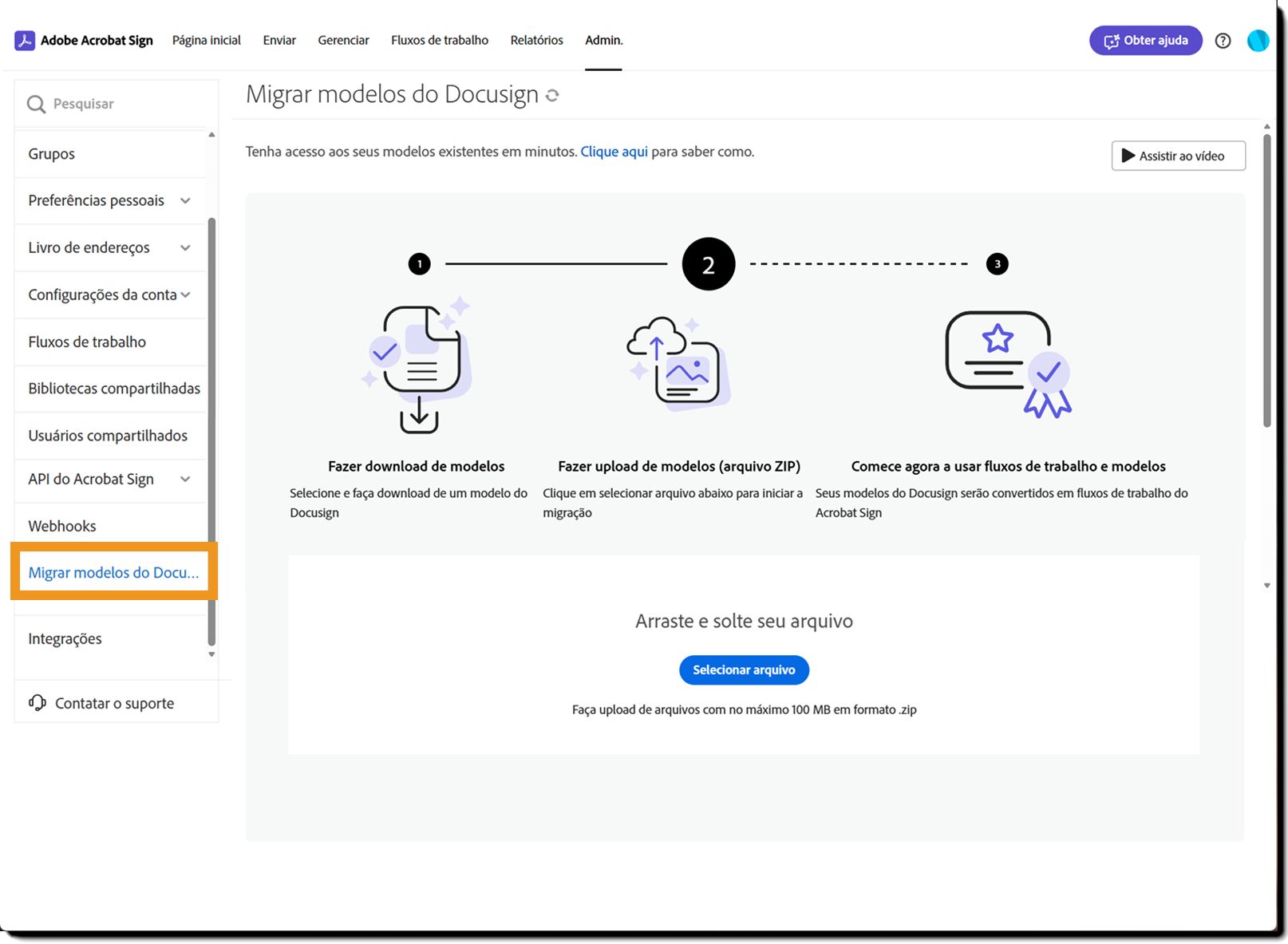 O menu de administração destacando a opção Modelos de mensagem