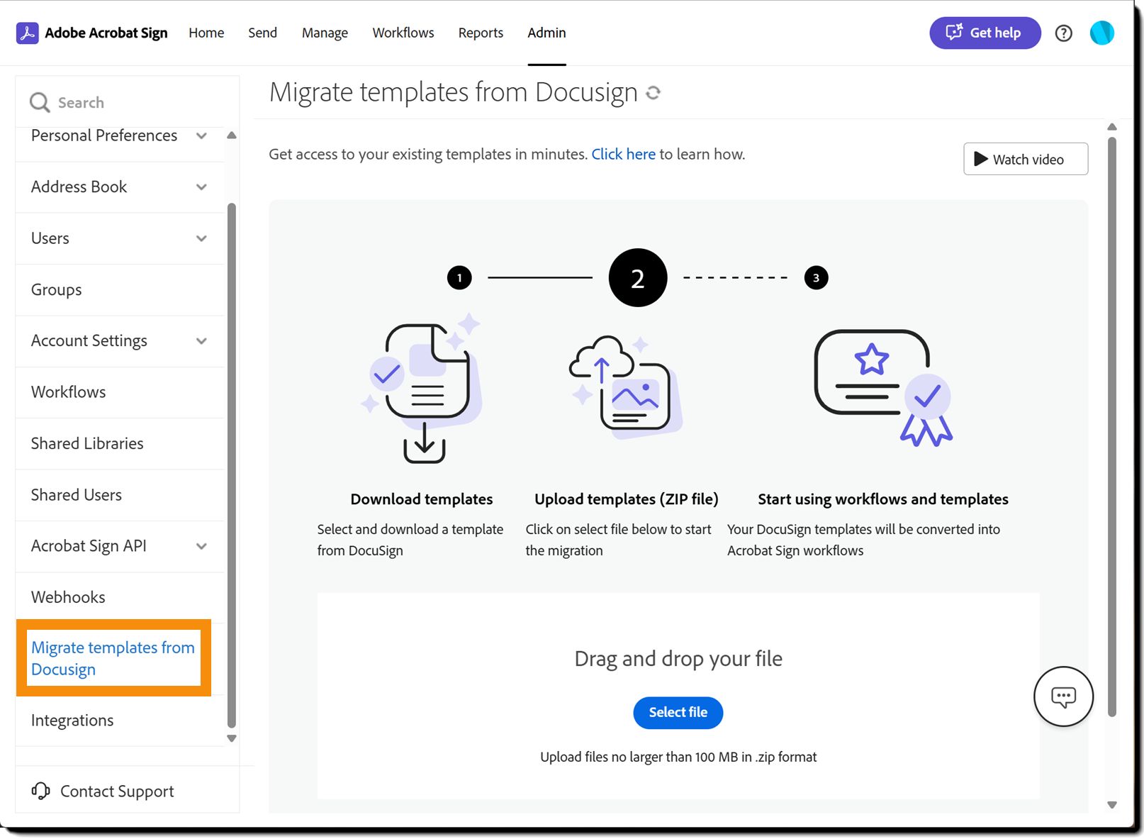 A página de destino Migrar modelos do Docusign.