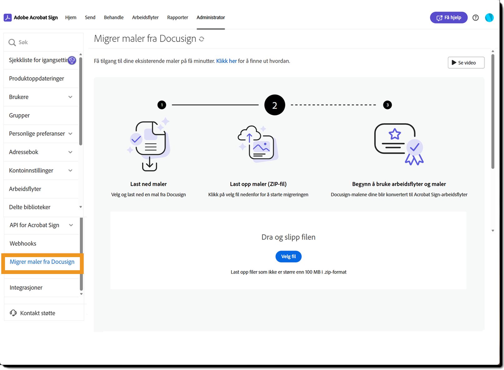 Administratormenyen som fremhever alternativet Meldingsmaler