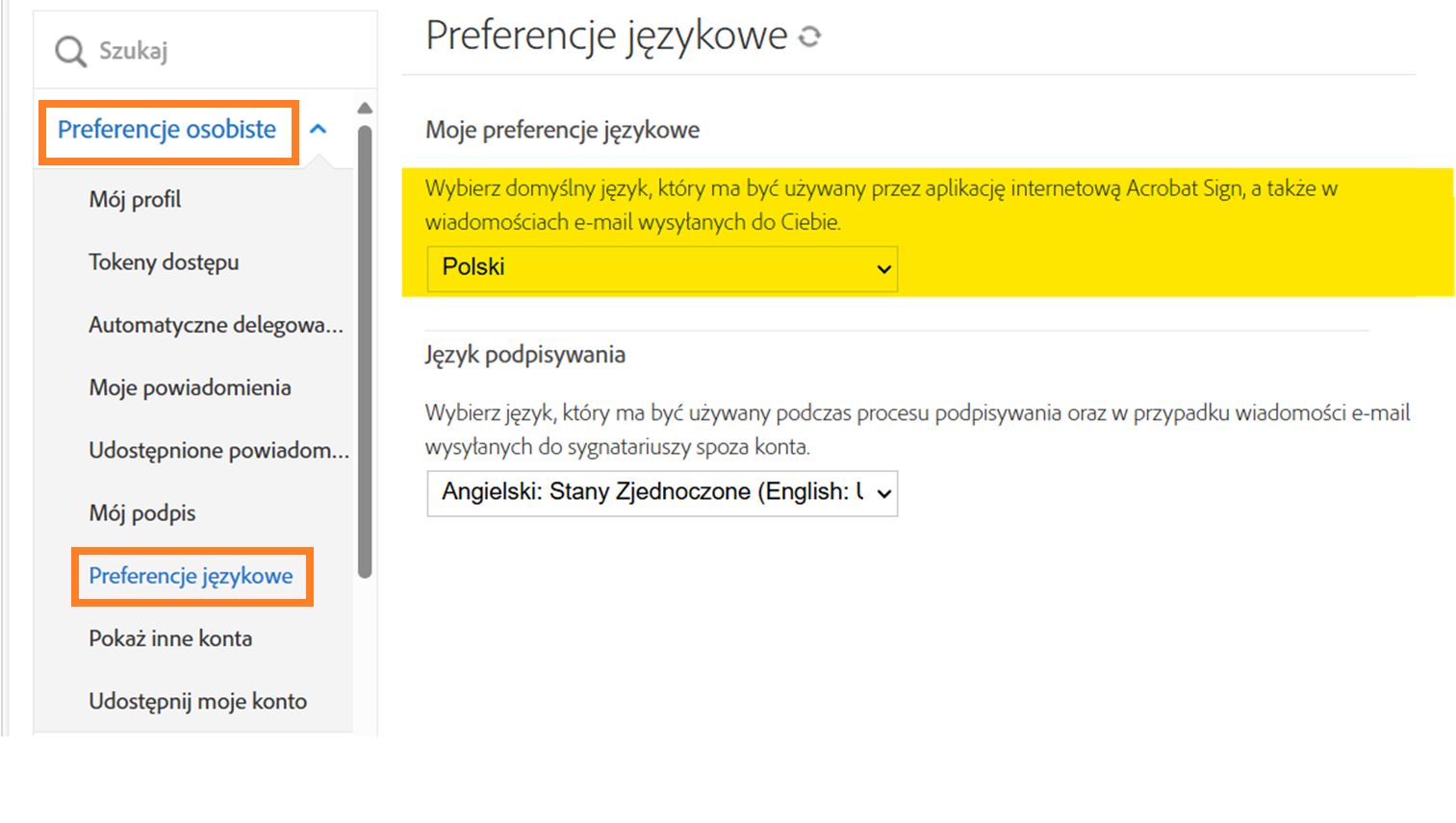 Menu Preferencje osobiste użytkownika z wyróżnieniem pola Preferencje językowe