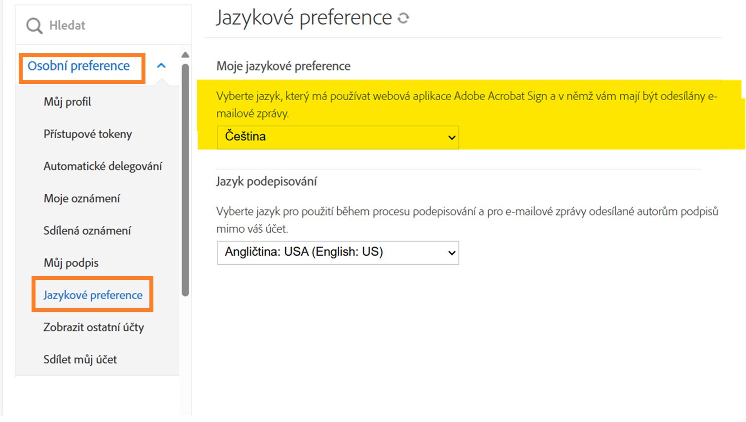 Nabídka Osobní předvolby uživatele se zvýrazněným polem Jazykové předvolby