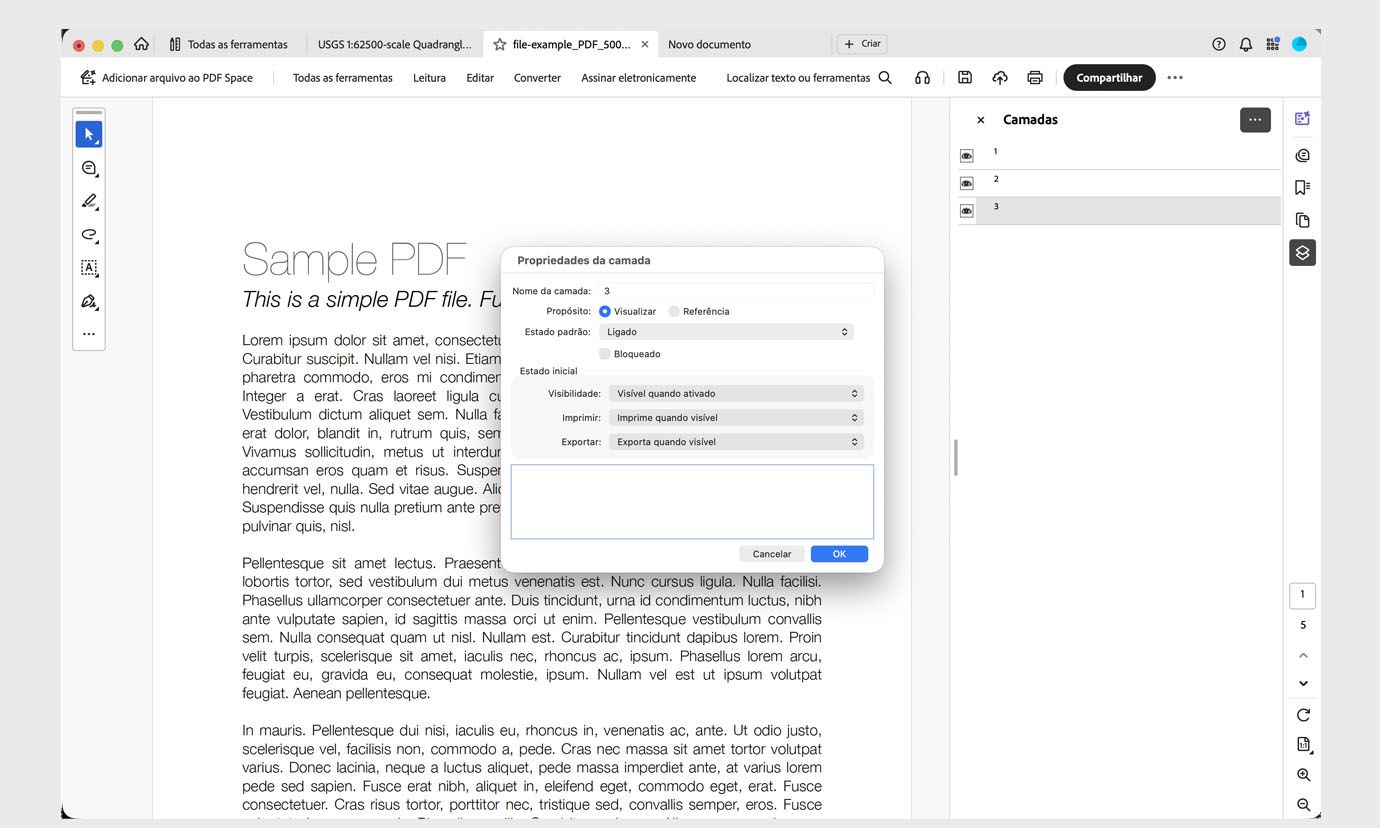 Caixa de diálogo Propriedades da Camada no Acrobat mostrando opções e configurações de camadas.