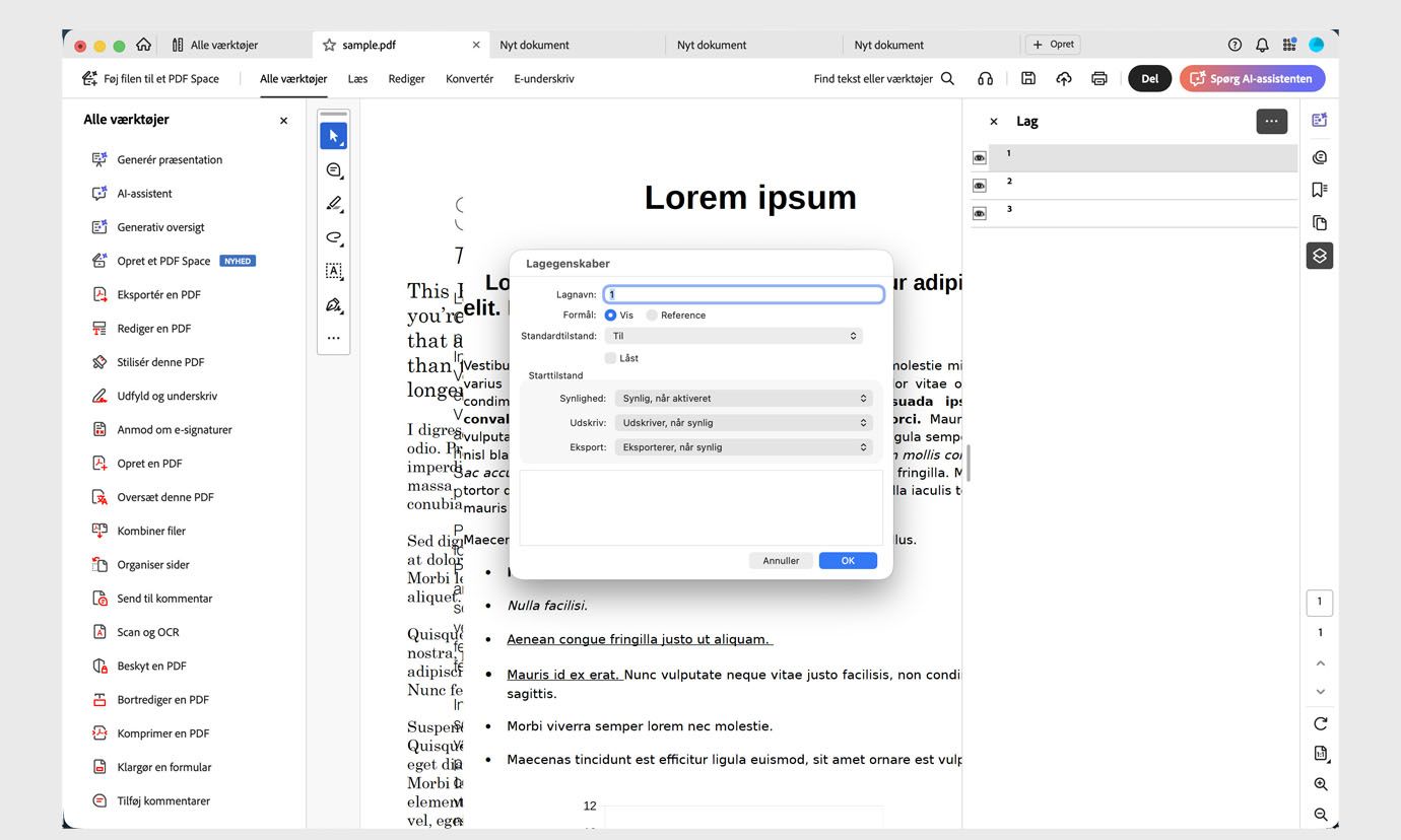 Dialogboksen Layer Properties i Acrobat, der viser lagmuligheder og indstillinger.