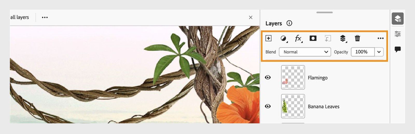 Layers panel is opened, showcasing options to add a new layer, adjustment layers, layer mask, effects, and arrange layers.