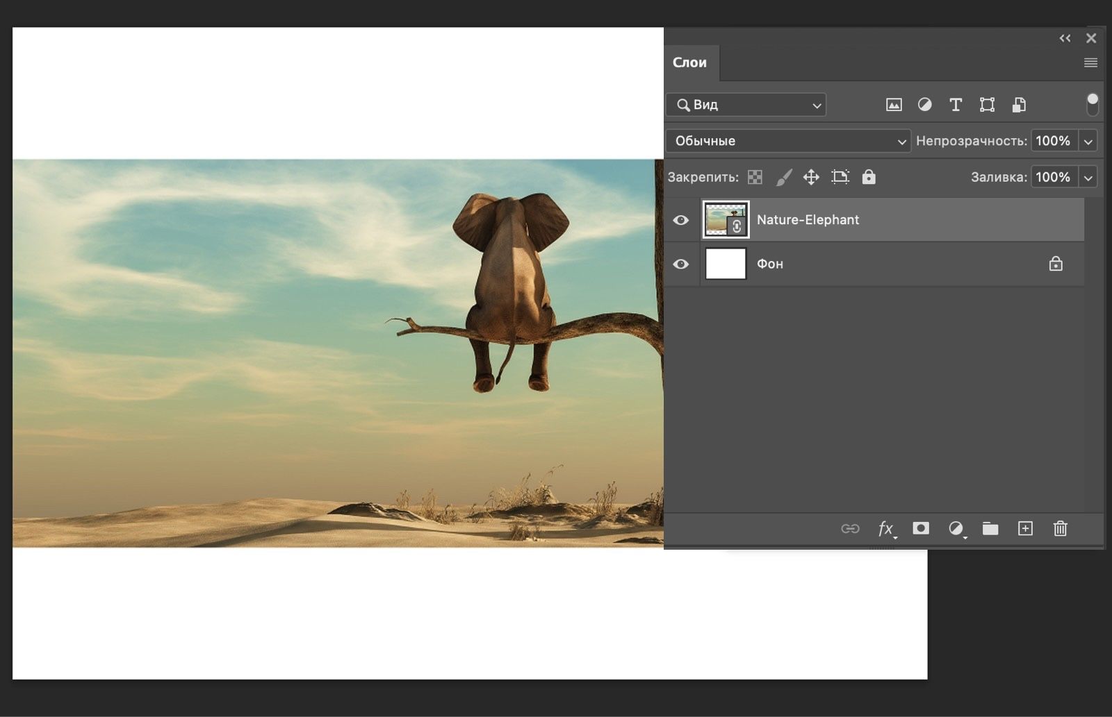 На панели «Слои» отображается выделенный слой смарт-объекта со значком ссылки в виде цепи, указывающим на то, что это связанный смарт-объект.