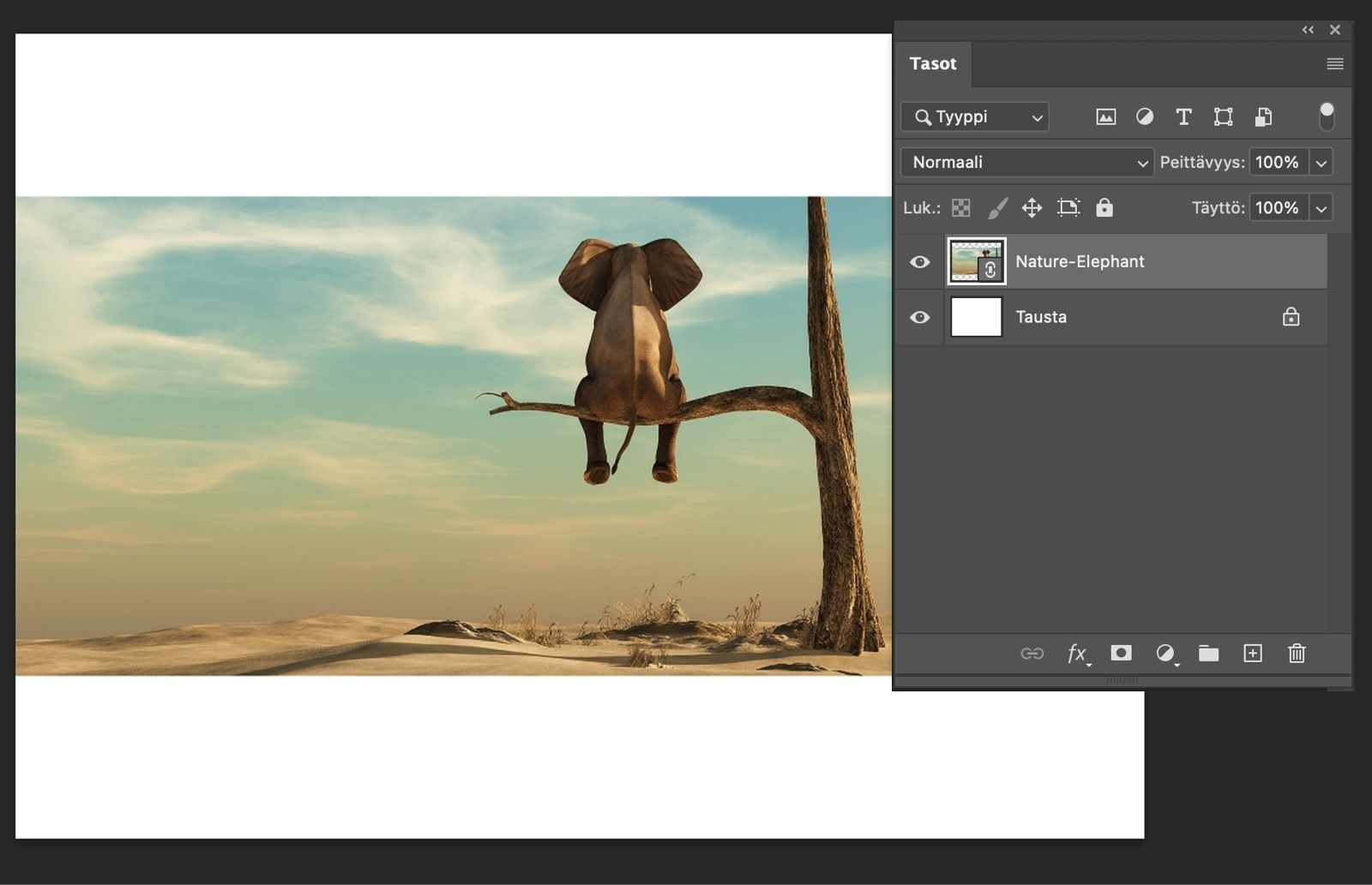 Älykkään objektin taso on Tasot-paneelissa valittuna, ja tason yhteydessä näkyy linkkikuvake merkkinä siitä, että älykäs objekti on linkitetty.