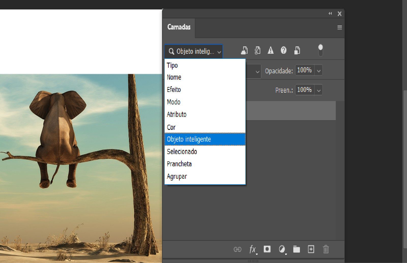 Painel Camadas com o filtro de Objeto inteligente ativado, exibindo ícones para objetos vinculados, incorporados, ausentes e desatualizados.