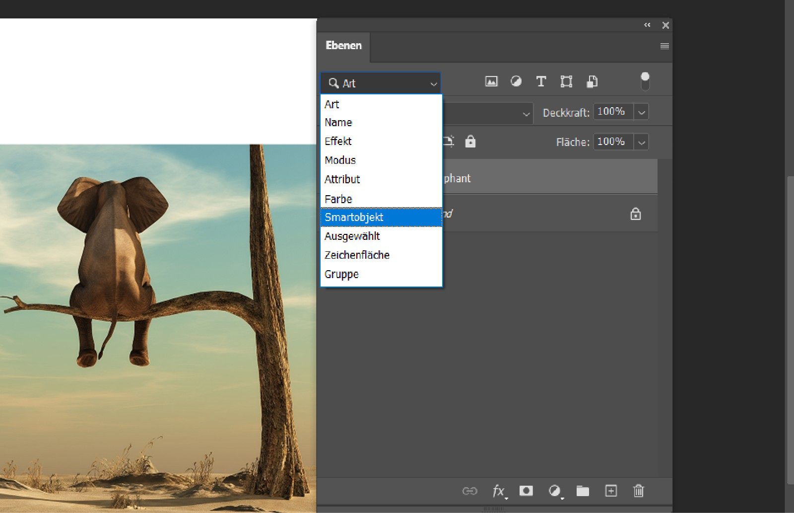 Ebenenbedienfeld mit aktiviertem Smartobjekt-Filter, das Symbole für verknüpfte, eingebettete, fehlende und veraltete Objekte anzeigt.