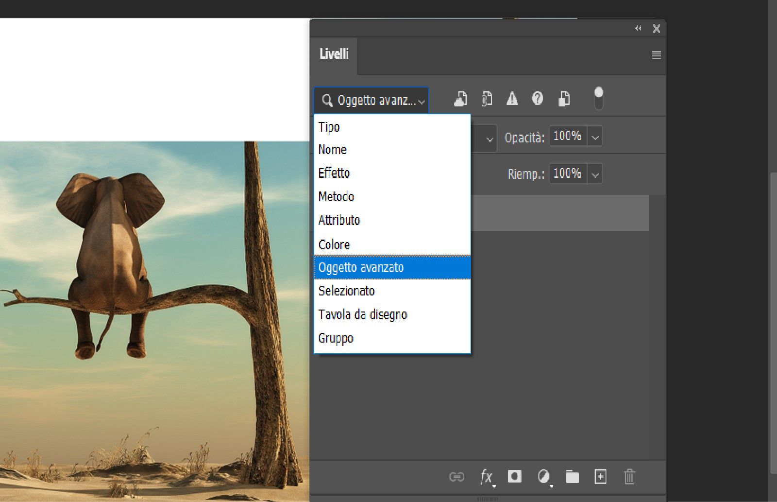 Pannello Livelli con filtro Oggetto Intelligente attivato, che mostra le icone per gli oggetti collegati, incorporati, mancanti e non aggiornati.