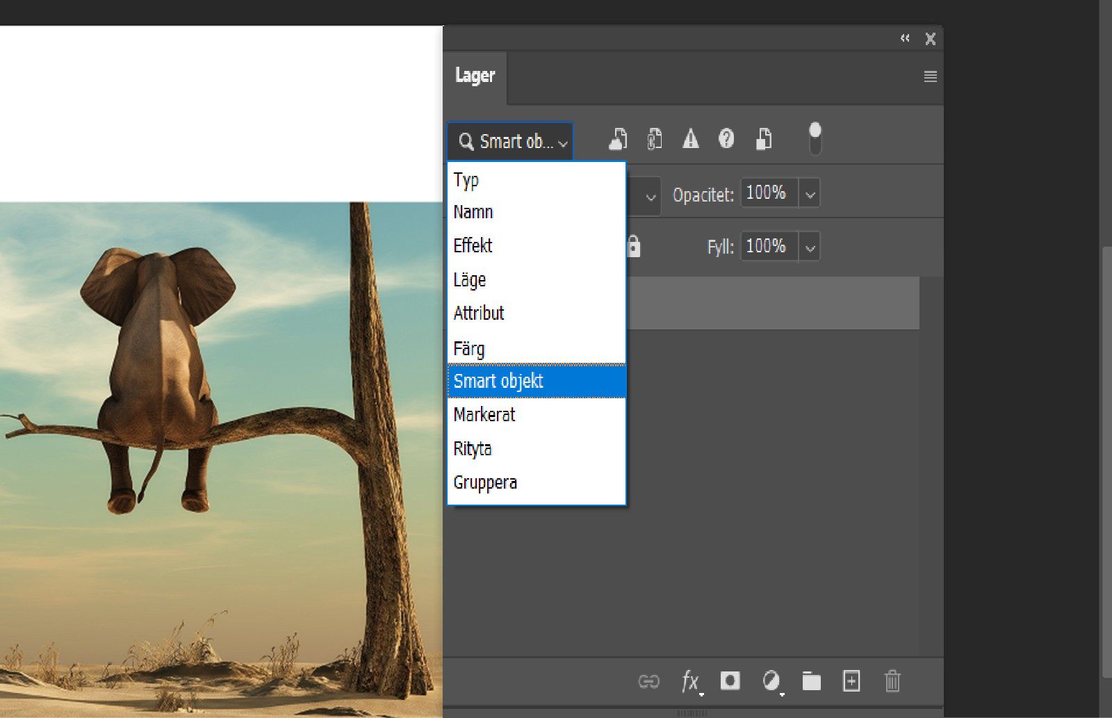 Layers panel med Smart Object-filter aktiverat, visar ikoner för länkade, inbäddade, saknade och inaktuella objekt.