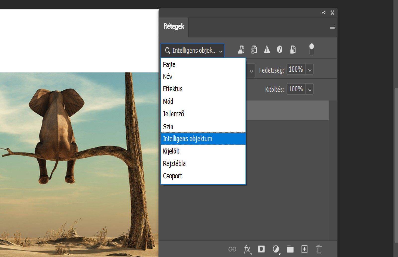 A Rétegek panel az Intelligens objektum szűrővel aktiválva, az összekapcsolt, beágyazott, hiányzó és elavult objektumok ikonjaival.