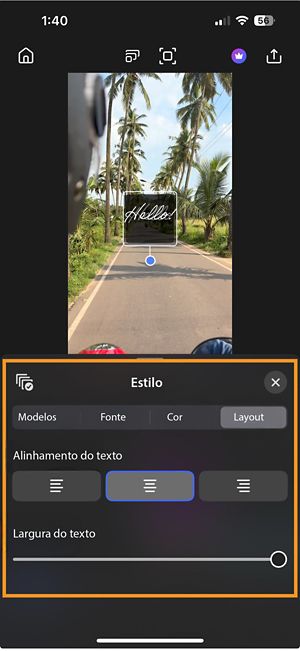 As configurações de layout estão abertas, mostrando as opções de alinhamento e um controle deslizante para ajustar a largura do texto para redimensionar a fonte.