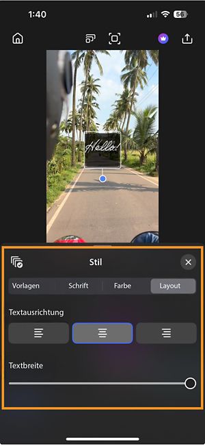Die Layouteinstellungen werden geöffnet, die Ausrichtungsoptionen angezeigt und der Schieberegler zur Anpassung der Textbreite zur Schriftgröße angepasst.