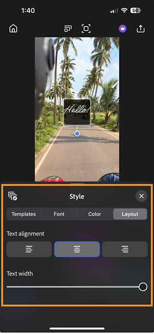 Layout settings open, showing alignment options and a slider to adjust text width for resizing the font.