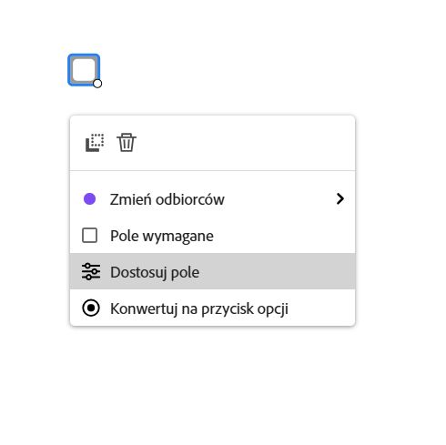 Pole wyboru z odsłoniętym menu po kliknięciu lewym przyciskiem myszy i podświetlonym panelem „Dostosuj pole”.
