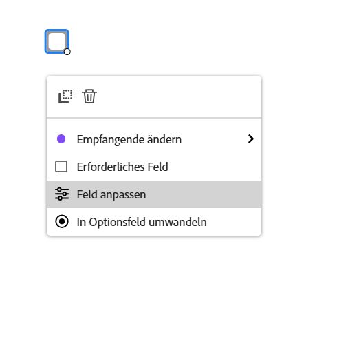 Das Kontrollkästchenfeld mit dem Kontextmenü und der hervorgehobenen Option „Feld anpassen“.