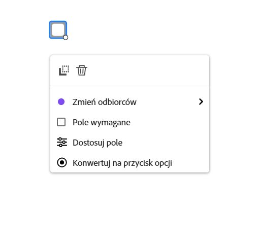 Widok pola z odsłoniętym menu pola po kliknięciu lewym przyciskiem myszy.