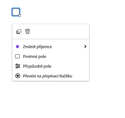 Zobrazení pole se zobrazenou nabídkou po kliknutí levým tlačítkem myši.