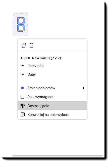 Pole przycisku opcji z odsłoniętym menu po kliknięciu lewym przyciskiem myszy i podświetlonym panelem „Dostosuj pole”.