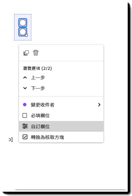 顯示「選項按鈕」欄位和左鍵選單，且強調顯示「自訂欄位」。