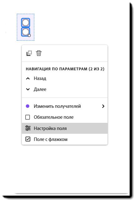 Поле с переключателем с раскрытым меню, вызванным левой кнопкой мыши, и выделенным параметром «Настройка поля».