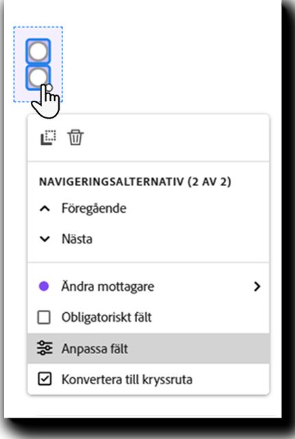 Fältet med alternativknappar med vänsterklicksmenyn synlig och Anpassa fält markerat.