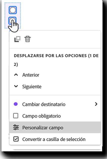 Campo Botón de opción con el menú de hacer clic con el botón izquierdo expuesto y el campo Personalizar resaltado.