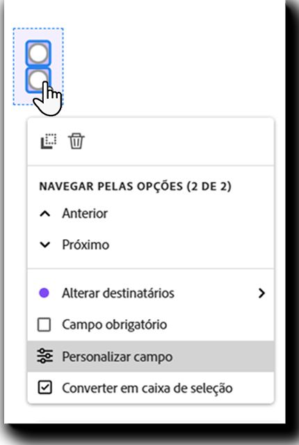 O campo “Botão de opção” com o menu de clique com o botão esquerdo exposto e o campo “Personalizar” realçado.