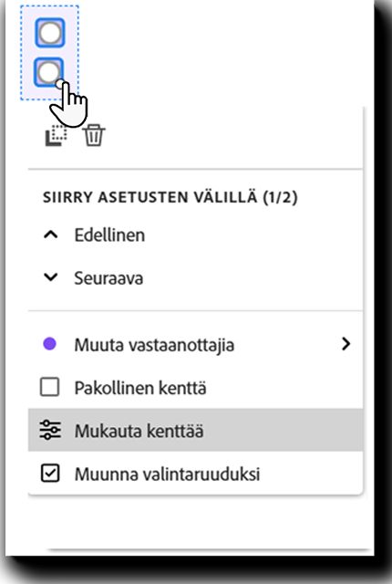 Valintapainikekenttä, jossa on hiiren vasemman painikkeen valikko näkyvissä ja Mukauta-kenttä korostettuna.