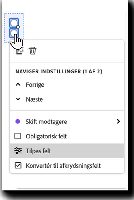 Alternativknappens felt med venstreklik-menuen synlig og feltet Tilpas fremhævet.
